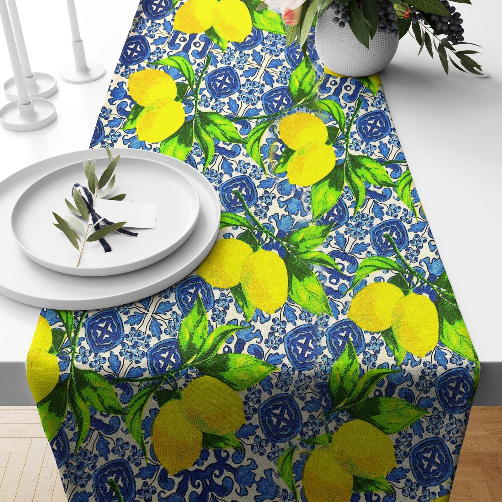 Ptextil - Тишлайфер "Гръцки лимони на син фон" , в размер 40/140 см. гръцки лимони на син фон, тишлайфер, дизайн